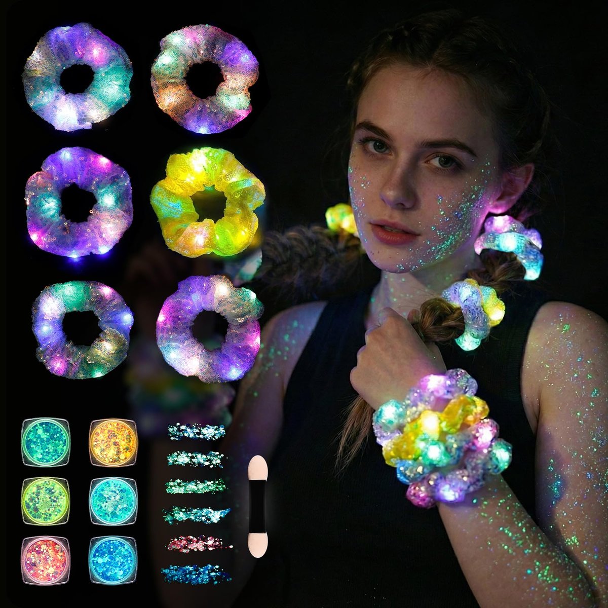 2-in-1 Glow Party Set: LED Scrunchies & Glow-in-Dark Body Glitter Gel - 6 Color Light Up Hair Scrunchies & Sparkling Face Makeup for Girls Festival Rave Party Supplies - görsel 1