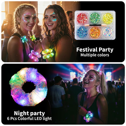 2-in-1 Glow Party Set: LED Scrunchies & Glow-in-Dark Body Glitter Gel - 6 Color Light Up Hair Scrunchies & Sparkling Face Makeup for Girls Festival Rave Party Supplies