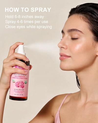 Yoken Organic Rose Water Spray for Face – 8 Fl Oz Fine Mist, 100% Pure Rosa Damascena Hydrosol, USDA Certified, Alcohol-Free, Vegan