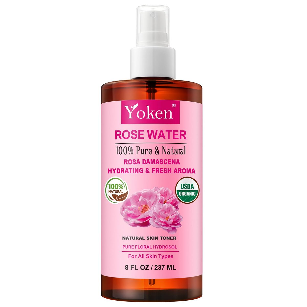 Yoken Organic Rose Water Spray for Face – 8 Fl Oz Fine Mist, 100% Pure Rosa Damascena Hydrosol, USDA Certified, Alcohol-Free, Vegan - görsel 1