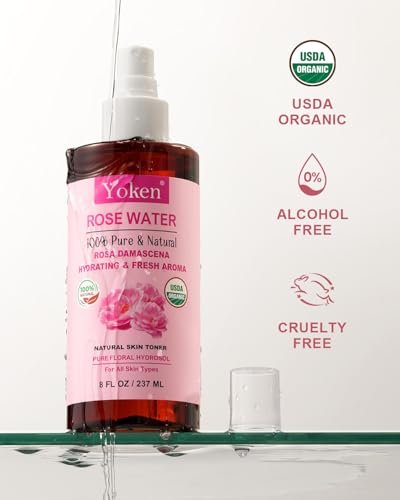 Yoken Organic Rose Water Spray for Face – 8 Fl Oz Fine Mist, 100% Pure Rosa Damascena Hydrosol, USDA Certified, Alcohol-Free, Vegan