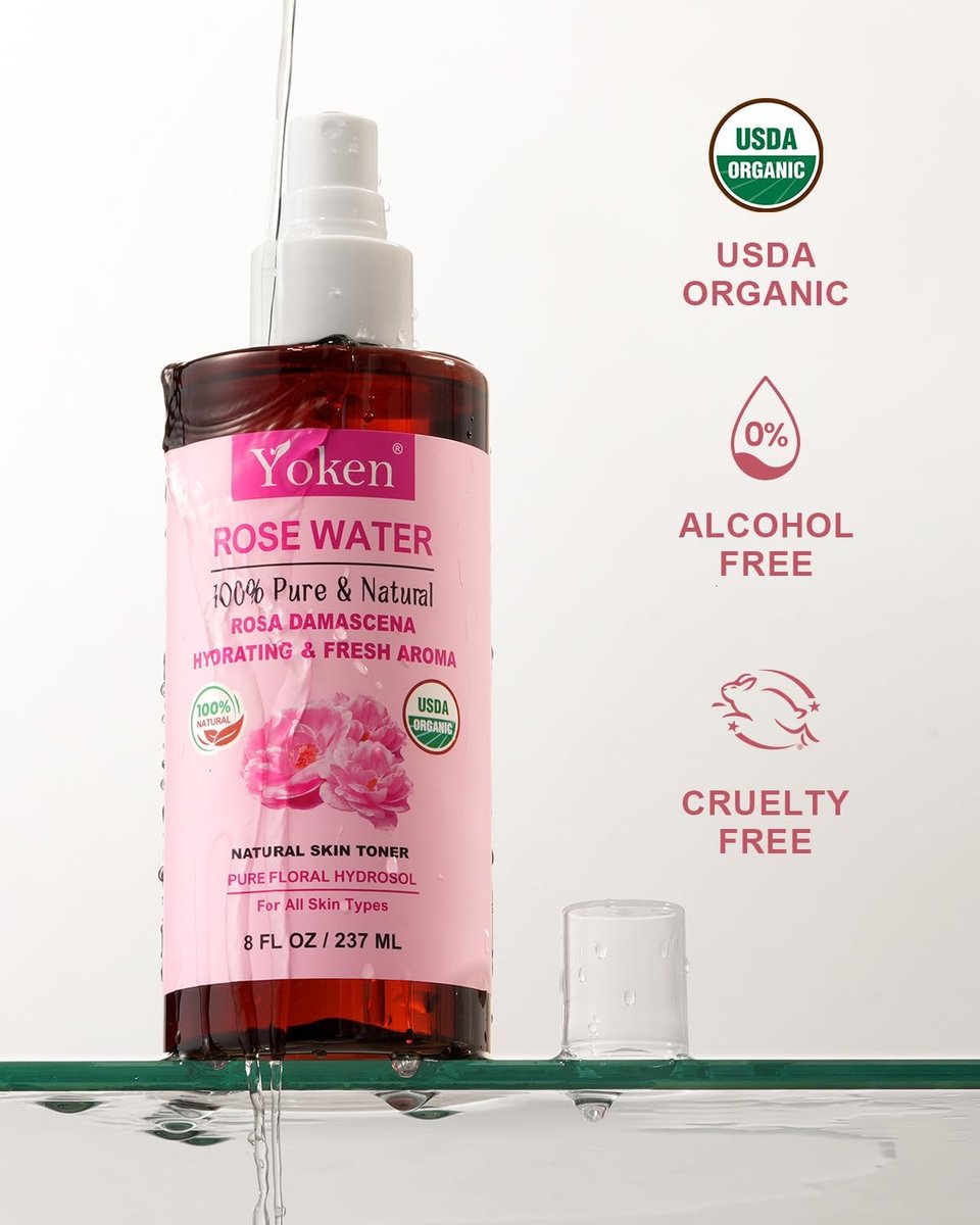Yoken Organic Rose Water Spray for Face – 8 Fl Oz Fine Mist, 100% Pure Rosa Damascena Hydrosol, USDA Certified, Alcohol-Free, Vegan - görsel 3