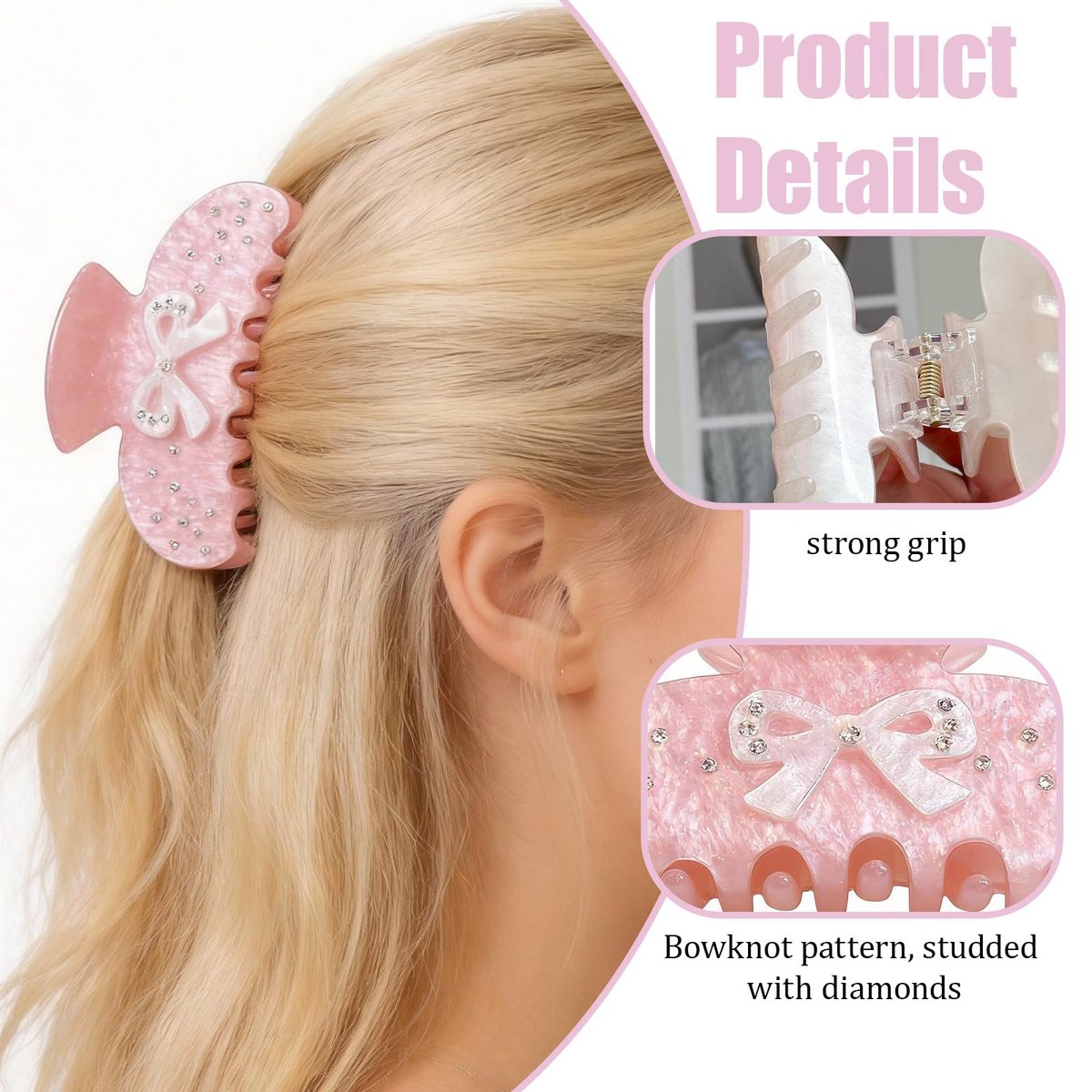 Pink Bow Rhinestone Hair Claw Clip - Medium Non-Slip Clips for Thick Hair, Aesthetic Sparkling Hair Clamps for Women & Teenagers - görsel 5