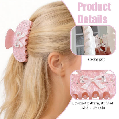 Pink Bow Rhinestone Hair Claw Clip - Medium Non-Slip Clips for Thick Hair, Aesthetic Sparkling Hair Clamps for Women & Teenagers