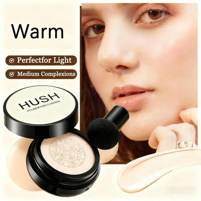 Hush Makeup Foundation for Older Women - Warm (Light/Medium Complexions) - Mushroom Head Air Cushion CC Cream Full Coverage BB Cream, Moisturizing Corrector for Mature Skin, 0.63 Fl Oz Avelisse