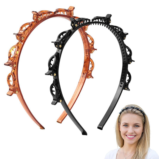 LUSTRIB 2 Pcs Double Layer Headband with Clips - Professional Weave Bangs Hairpin with Teeth, Stylish Braided Headband for Women, Styling Tool for All Hair Types (Black & Brown)
