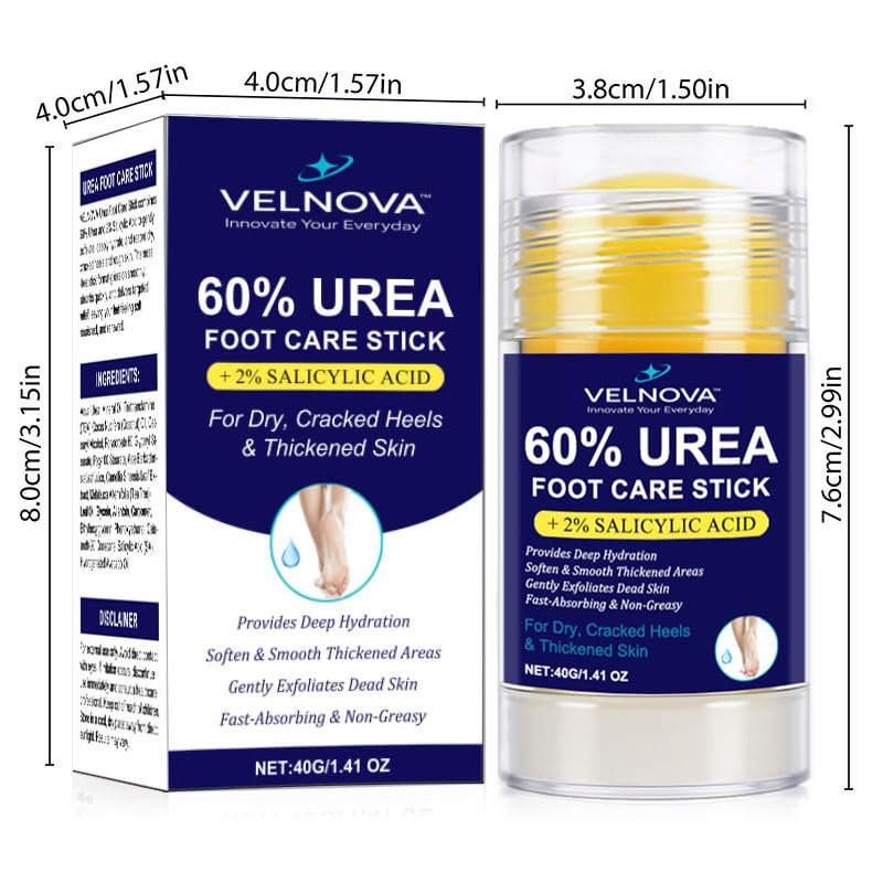 VELNOVA 60% Urea Foot Care Stick with 2% Salicylic Acid – Maximum Strength Callus Remover & Foot Cream for Dry Cracked Heels – Exfoliating Moisturizer, Non-Greasy – 1.41 oz - görsel 4