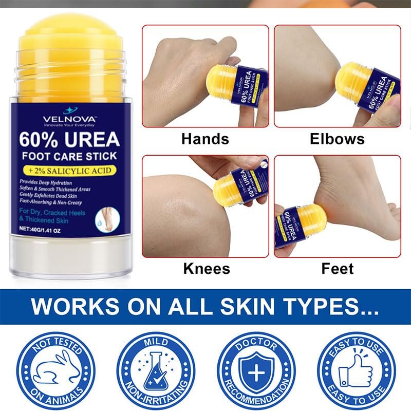 VELNOVA 60% Urea Foot Care Stick with 2% Salicylic Acid – Maximum Strength Callus Remover & Foot Cream for Dry Cracked Heels – Exfoliating Moisturizer, Non-Greasy – 1.41 oz - görsel 6