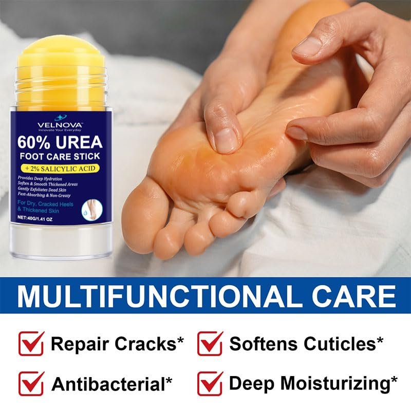 VELNOVA 60% Urea Foot Care Stick with 2% Salicylic Acid – Maximum Strength Callus Remover & Foot Cream for Dry Cracked Heels – Exfoliating Moisturizer, Non-Greasy – 1.41 oz - görsel 5