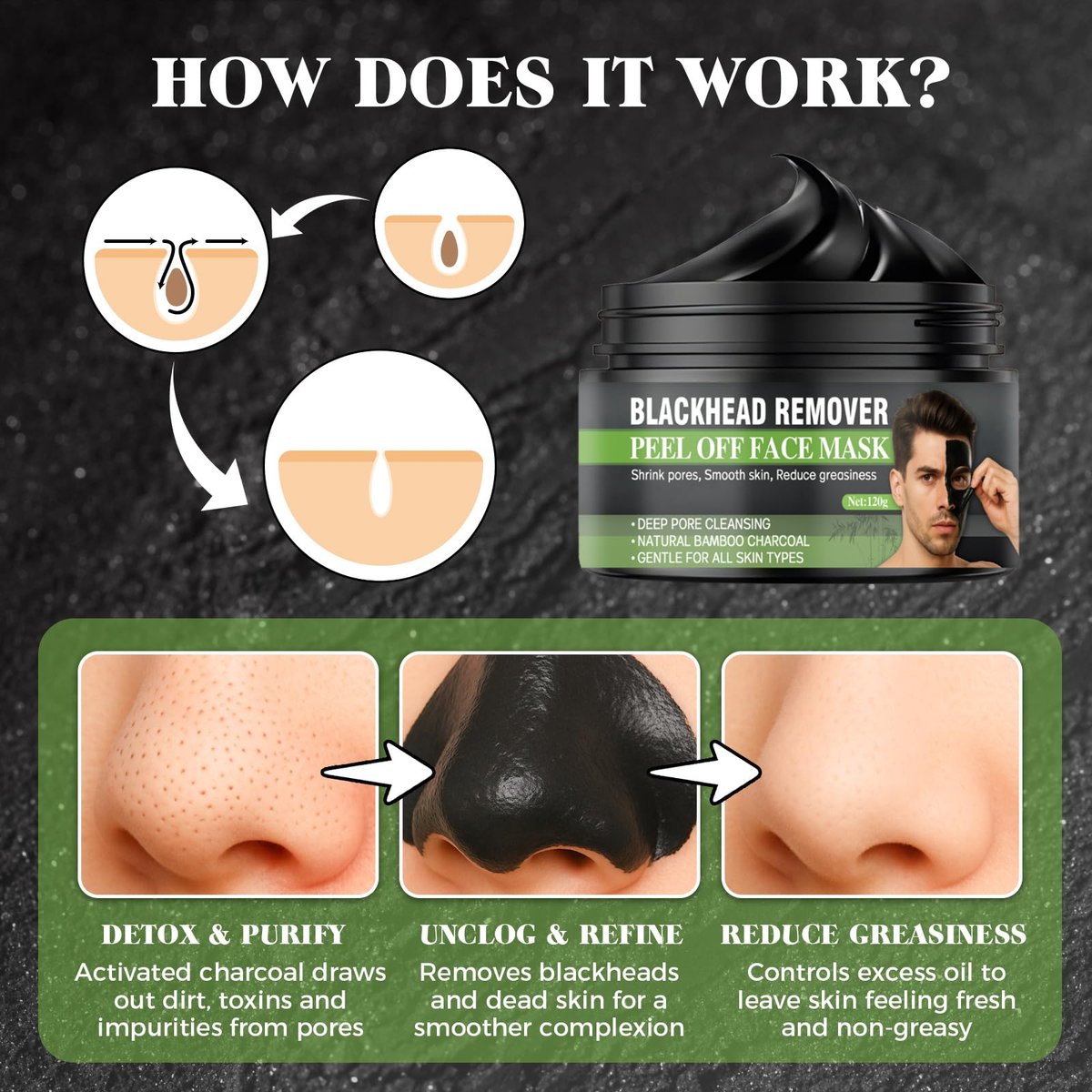 Tailgenci Blackhead Remover Mask – Charcoal Peel Off Face Mask for Deep Pore Cleansing, Removes Acne & Blackheads for Men & Women, 4.23 Oz - görsel 7