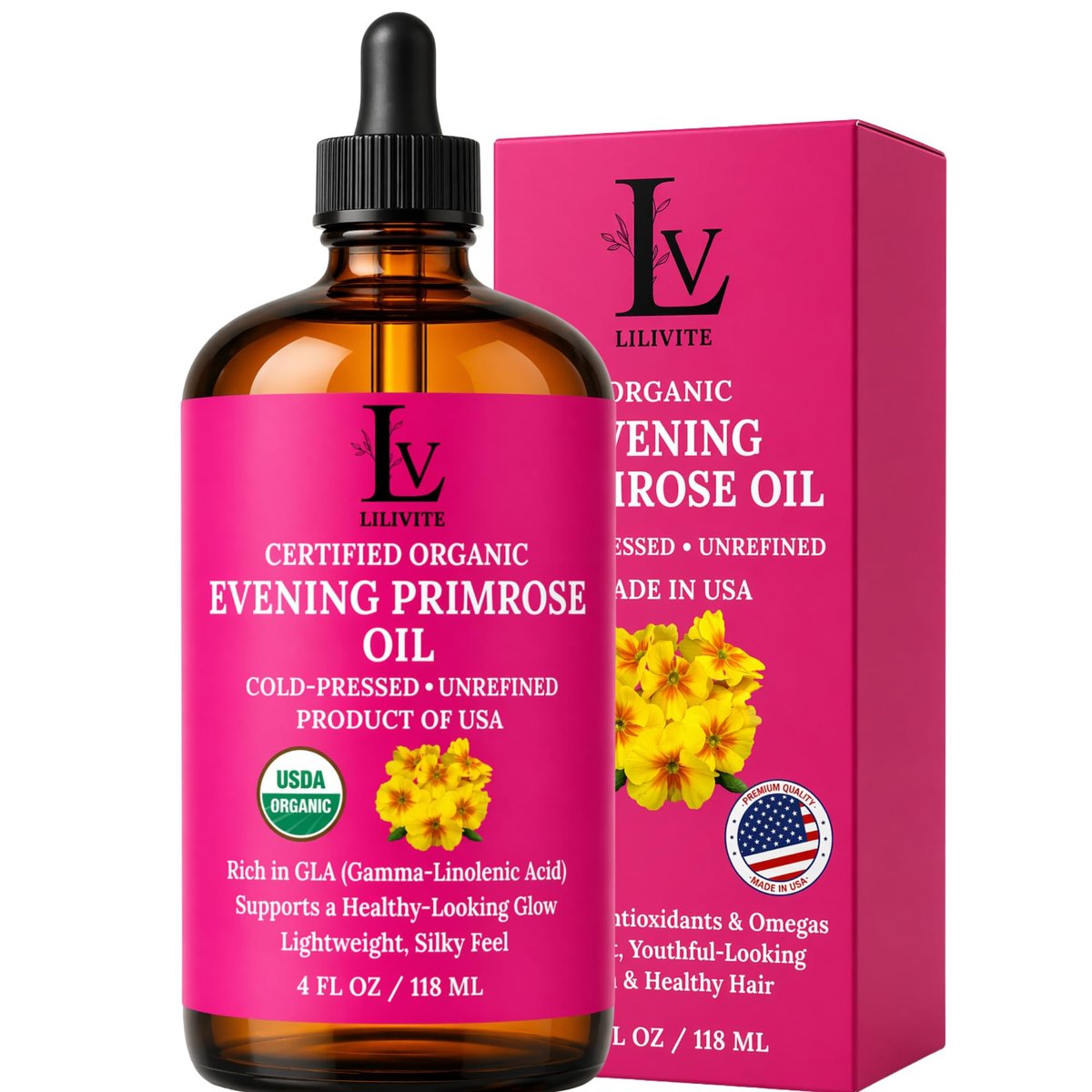 Organic Evening Primrose Oil – 100% Pure, Cold-Pressed & Unrefined, Rich in GLA & Antioxidants, for Skin, Hair & Massage, 4 fl oz Glass Bottle Avelisse
