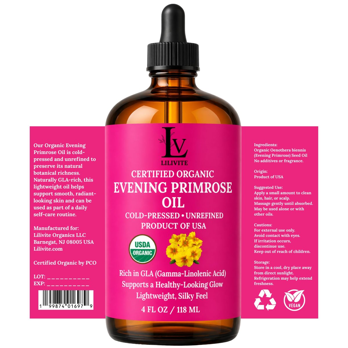 Organic Evening Primrose Oil – 100% Pure, Cold-Pressed & Unrefined, Rich in GLA & Antioxidants, for Skin, Hair & Massage, 4 fl oz Glass Bottle Avelisse