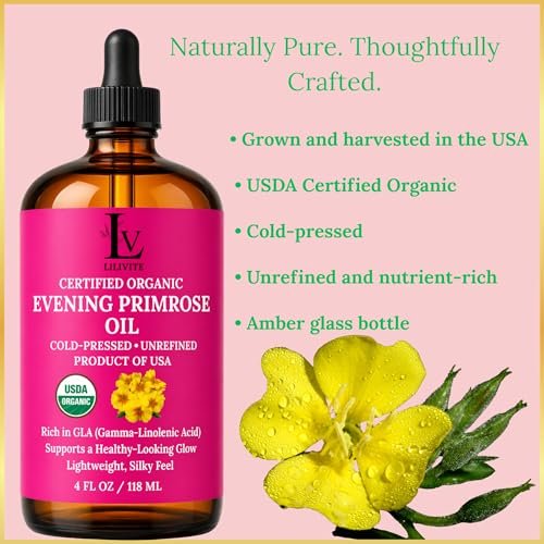 Organic Evening Primrose Oil – 100% Pure, Cold-Pressed & Unrefined, Rich in GLA & Antioxidants, for Skin, Hair & Massage, 4 fl oz Glass Bottle Avelisse