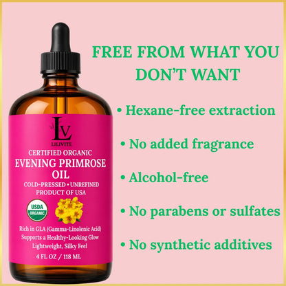 Organic Evening Primrose Oil – 100% Pure, Cold-Pressed & Unrefined, Rich in GLA & Antioxidants, for Skin, Hair & Massage, 4 fl oz Glass Bottle Avelisse