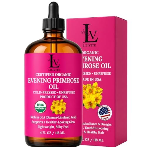 Organic Evening Primrose Oil – 100% Pure, Cold-Pressed & Unrefined, Rich in GLA & Antioxidants, for Skin, Hair & Massage, 4 fl oz Glass Bottle Avelisse