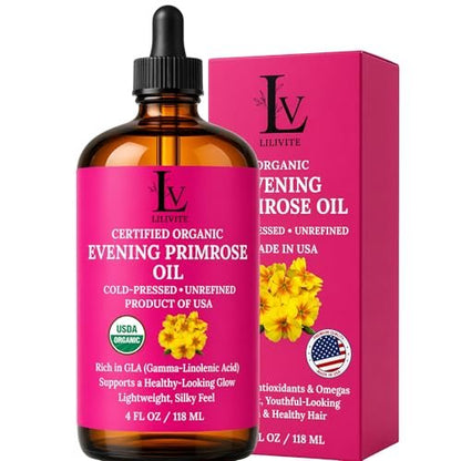 Organic Evening Primrose Oil – 100% Pure, Cold-Pressed & Unrefined, Rich in GLA & Antioxidants, for Skin, Hair & Massage, 4 fl oz Glass Bottle Avelisse