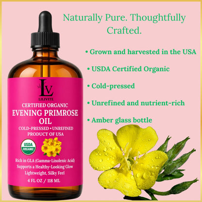 Organic Evening Primrose Oil – 100% Pure, Cold-Pressed & Unrefined, Rich in GLA & Antioxidants, for Skin, Hair & Massage, 4 fl oz Glass Bottle Avelisse