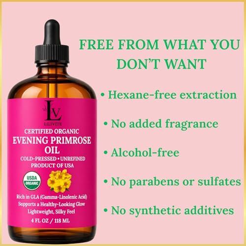 Organic Evening Primrose Oil – 100% Pure, Cold-Pressed & Unrefined, Rich in GLA & Antioxidants, for Skin, Hair & Massage, 4 fl oz Glass Bottle Avelisse