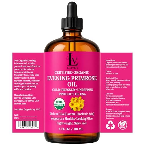 Organic Evening Primrose Oil – 100% Pure, Cold-Pressed & Unrefined, Rich in GLA & Antioxidants, for Skin, Hair & Massage, 4 fl oz Glass Bottle Avelisse