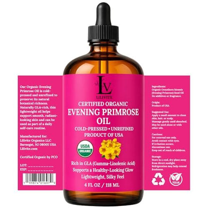 Organic Evening Primrose Oil – 100% Pure, Cold-Pressed & Unrefined, Rich in GLA & Antioxidants, for Skin, Hair & Massage, 4 fl oz Glass Bottle Avelisse