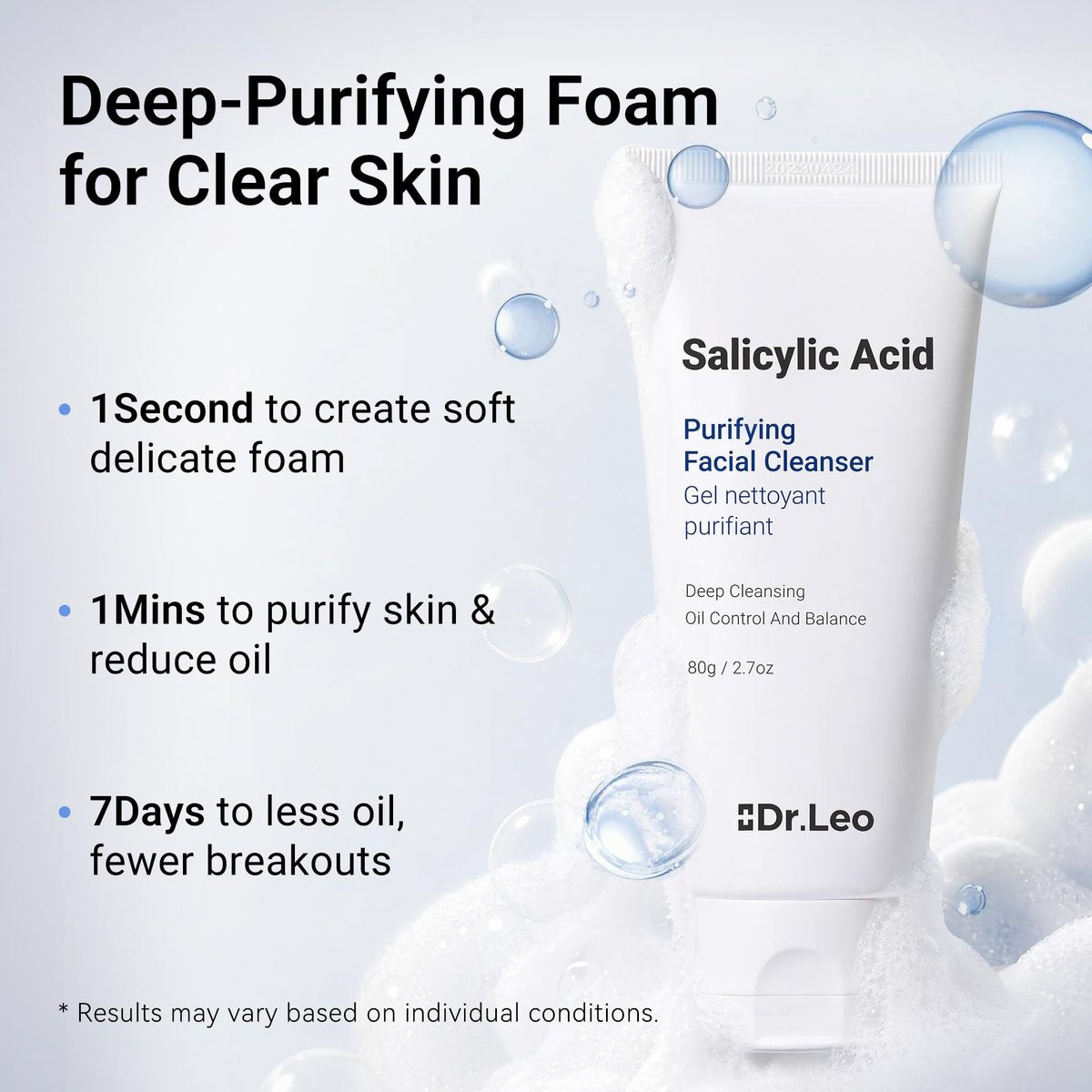 Dr.Leo Salicylic Acid Foaming Cleanser – Gentle Non-Irritating Face Wash for Oily, Combo & Acne-Prone Skin, 3X Crystal Jelly Deep Clean, Oil Control, Prevents Breakouts, 2.7 oz Avelisse