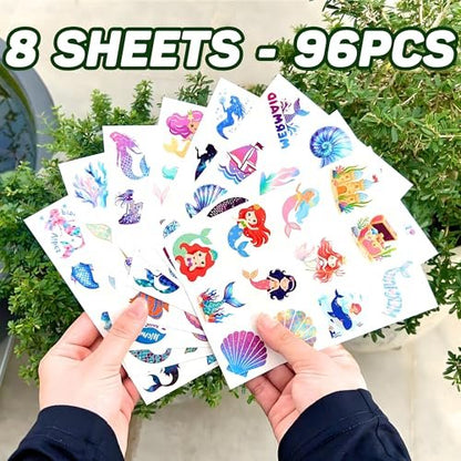 96PCS Mermaid Temporary Tattoos Stickers - Under The Sea Mermaid Themed Party Favors, Ocean Birthday Party Decorations Supplies & Gifts for Kids, Teens, Boys, Girls, Classroom Prizes & Rewards