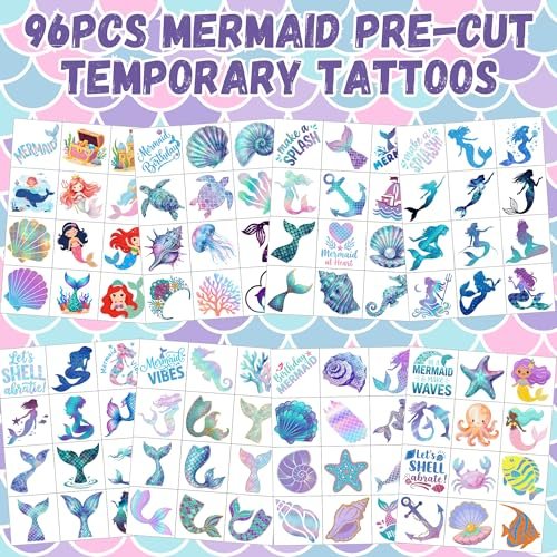 96PCS Mermaid Temporary Tattoos Stickers - Under The Sea Mermaid Themed Party Favors, Ocean Birthday Party Decorations Supplies & Gifts for Kids, Teens, Boys, Girls, Classroom Prizes & Rewards - görsel 6