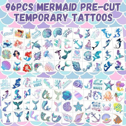 96PCS Mermaid Temporary Tattoos Stickers - Under The Sea Mermaid Themed Party Favors, Ocean Birthday Party Decorations Supplies & Gifts for Kids, Teens, Boys, Girls, Classroom Prizes & Rewards