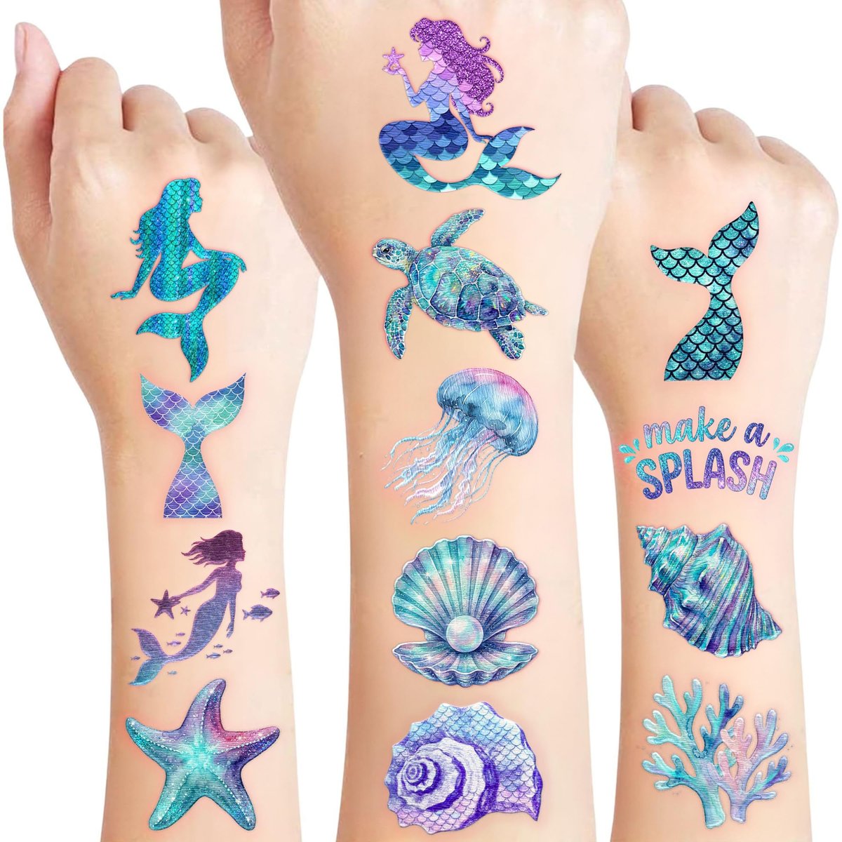 96PCS Mermaid Temporary Tattoos Stickers - Under The Sea Mermaid Themed Party Favors, Ocean Birthday Party Decorations Supplies & Gifts for Kids, Teens, Boys, Girls, Classroom Prizes & Rewards - görsel 1
