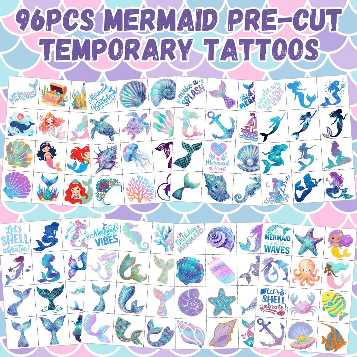 96PCS Mermaid Temporary Tattoos Stickers - Under The Sea Mermaid Themed Party Favors, Ocean Birthday Party Decorations Supplies & Gifts for Kids, Teens, Boys, Girls, Classroom Prizes & Rewards - görsel 5