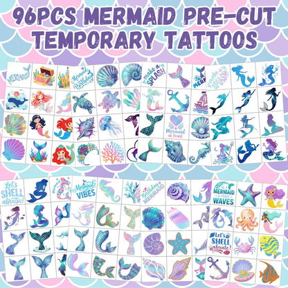 96PCS Mermaid Temporary Tattoos Stickers - Under The Sea Mermaid Themed Party Favors, Ocean Birthday Party Decorations Supplies & Gifts for Kids, Teens, Boys, Girls, Classroom Prizes & Rewards