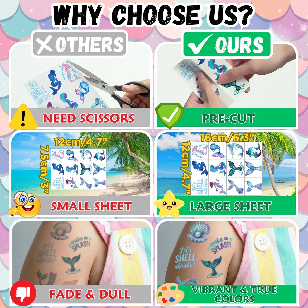 96PCS Mermaid Temporary Tattoos Stickers - Under The Sea Mermaid Themed Party Favors, Ocean Birthday Party Decorations Supplies & Gifts for Kids, Teens, Boys, Girls, Classroom Prizes & Rewards - görsel 7