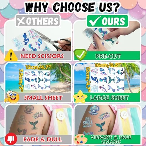 96PCS Mermaid Temporary Tattoos Stickers - Under The Sea Mermaid Themed Party Favors, Ocean Birthday Party Decorations Supplies & Gifts for Kids, Teens, Boys, Girls, Classroom Prizes & Rewards - görsel 8