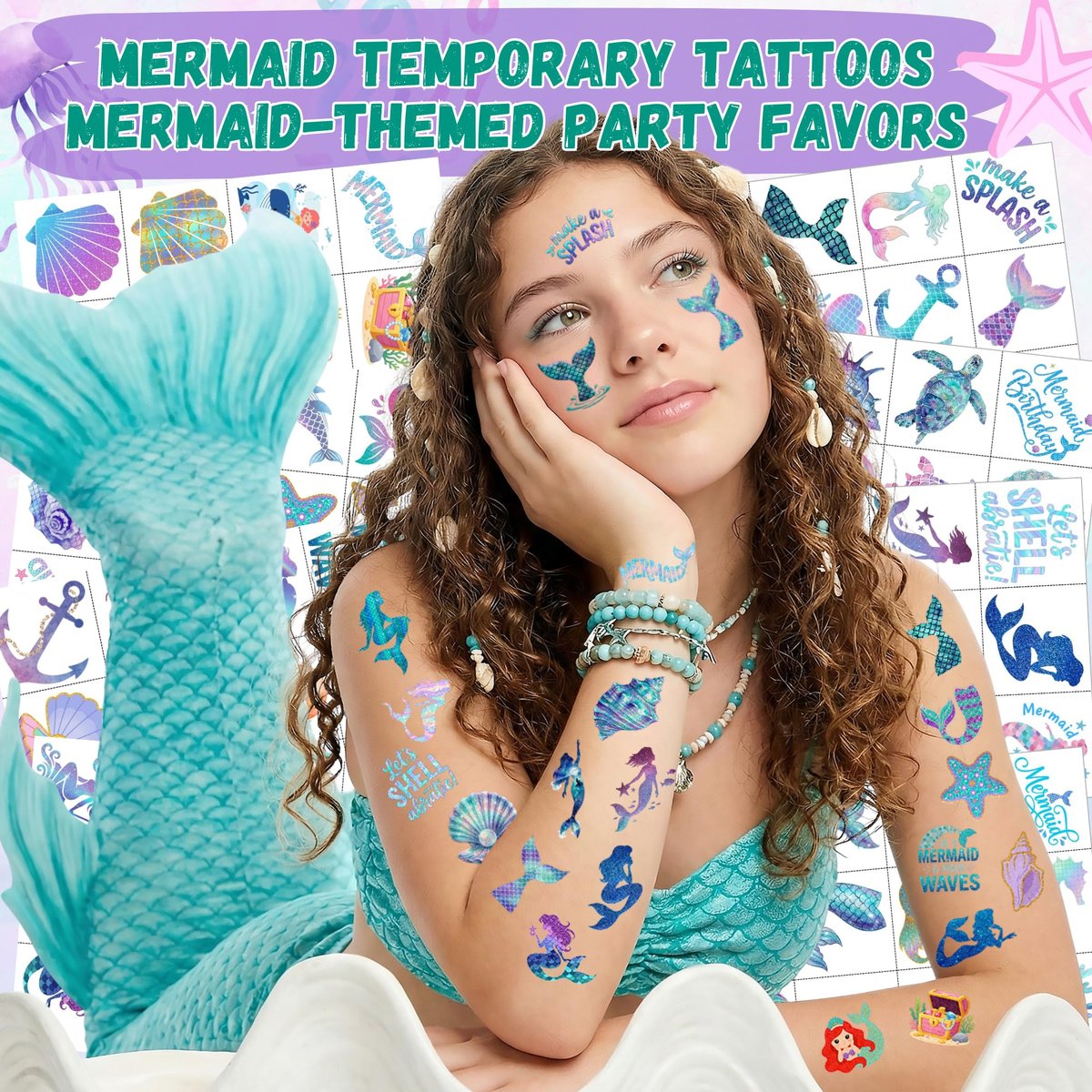 96PCS Mermaid Temporary Tattoos Stickers - Under The Sea Mermaid Themed Party Favors, Ocean Birthday Party Decorations Supplies & Gifts for Kids, Teens, Boys, Girls, Classroom Prizes & Rewards - görsel 3