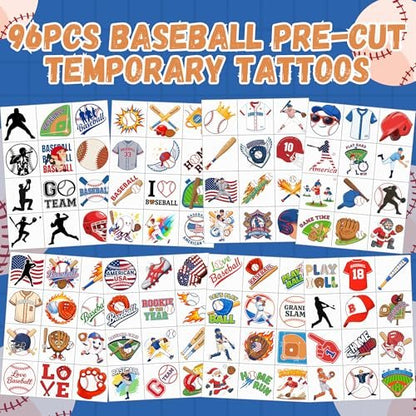 96PCS Baseball Temporary Tattoos Stickers – Sport Themed Party Favors for Kids, Teens, Adults – Baseball Birthday Party Decorations & Supplies