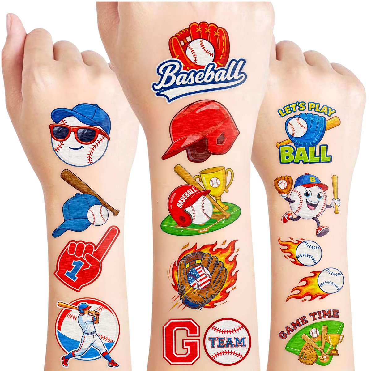 96PCS Baseball Temporary Tattoos Stickers – Sport Themed Party Favors for Kids, Teens, Adults – Baseball Birthday Party Decorations & Supplies - görsel 1
