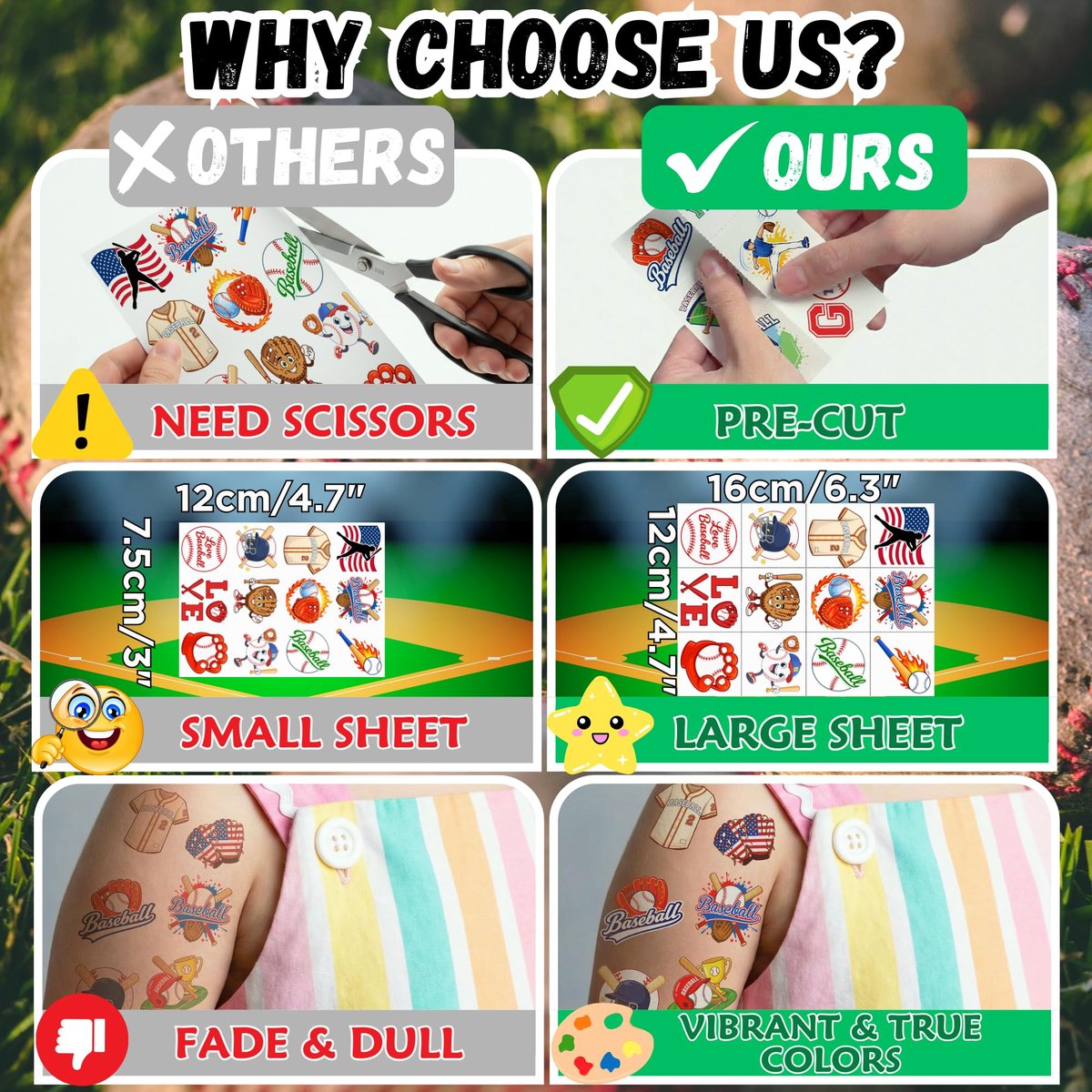 96PCS Baseball Temporary Tattoos Stickers – Sport Themed Party Favors for Kids, Teens, Adults – Baseball Birthday Party Decorations & Supplies - görsel 7