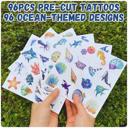 96PCS Ocean Temporary Tattoos Stickers - Under The Sea Themed Birthday Party Favors, Adventure Ocean Decorations, Supplies, Gifts for Kids, Teens, Adults, Classroom Prizes & Rewards