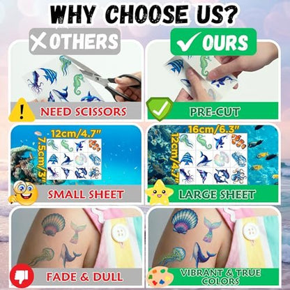 96PCS Ocean Temporary Tattoos Stickers - Under The Sea Themed Birthday Party Favors, Adventure Ocean Decorations, Supplies, Gifts for Kids, Teens, Adults, Classroom Prizes & Rewards