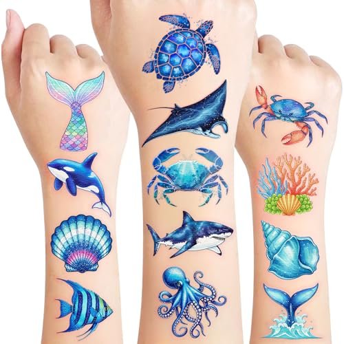 96PCS Ocean Temporary Tattoos Stickers - Under The Sea Themed Birthday Party Favors, Adventure Ocean Decorations, Supplies, Gifts for Kids, Teens, Adults, Classroom Prizes & Rewards - görsel 2