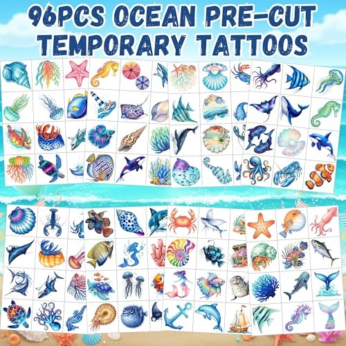 96PCS Ocean Temporary Tattoos Stickers - Under The Sea Themed Birthday Party Favors, Adventure Ocean Decorations, Supplies, Gifts for Kids, Teens, Adults, Classroom Prizes & Rewards - görsel 6