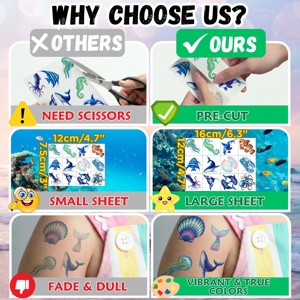 96PCS Ocean Temporary Tattoos Stickers - Under The Sea Themed Birthday Party Favors, Adventure Ocean Decorations, Supplies, Gifts for Kids, Teens, Adults, Classroom Prizes & Rewards - görsel 7