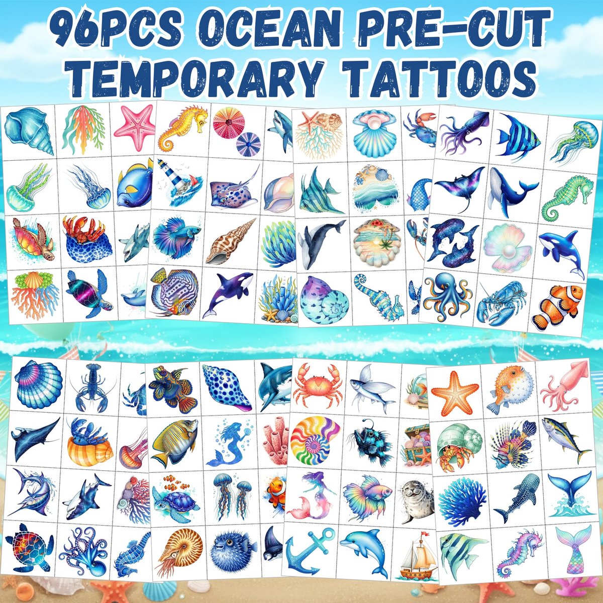 96PCS Ocean Temporary Tattoos Stickers - Under The Sea Themed Birthday Party Favors, Adventure Ocean Decorations, Supplies, Gifts for Kids, Teens, Adults, Classroom Prizes & Rewards - görsel 5
