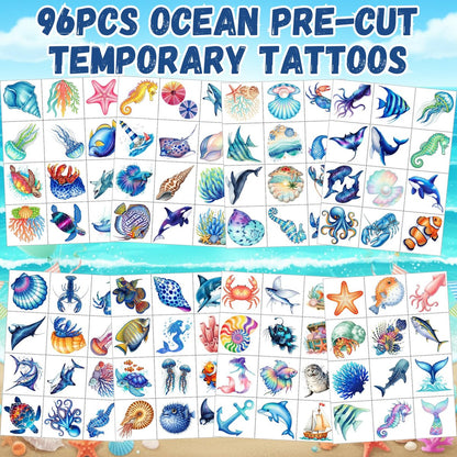 96PCS Ocean Temporary Tattoos Stickers - Under The Sea Themed Birthday Party Favors, Adventure Ocean Decorations, Supplies, Gifts for Kids, Teens, Adults, Classroom Prizes & Rewards