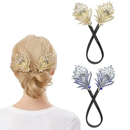 2 PCS Crystal Hair Bun Maker - Feather Rhinestone Hair Clips for Women, Easy Snap Roll Twist Hairstyle Tool for Long Hair, Elegant Lazy Hair Curler Bun Maker Accessories (Gold)