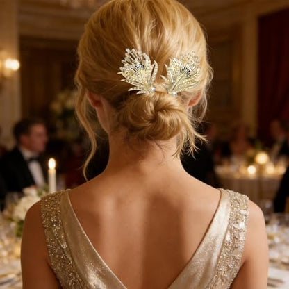2 PCS Crystal Hair Bun Maker - Feather Rhinestone Hair Clips for Women, Easy Snap Roll Twist Hairstyle Tool for Long Hair, Elegant Lazy Hair Curler Bun Maker Accessories (Gold)