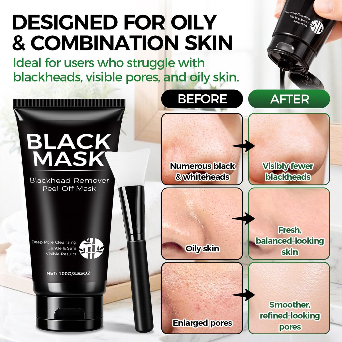 Balldanlu Blackhead Remover Mask Kit - 100ml Charcoal Peel Off Face Mask for Men & Women, Deep Cleansing Facial Mask for Oily & Combination Skin - görsel 6