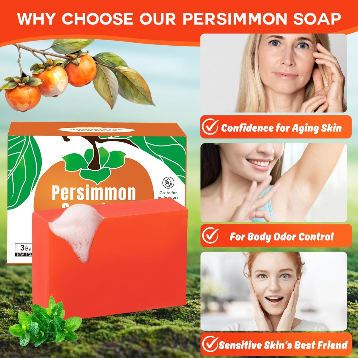 Runsidan 3-Pack Persimmon Soap Bar for Body Odor Control - Natural Deodorizing Soap for Old People Smell, Deep Cleansing Body Bar - görsel 9