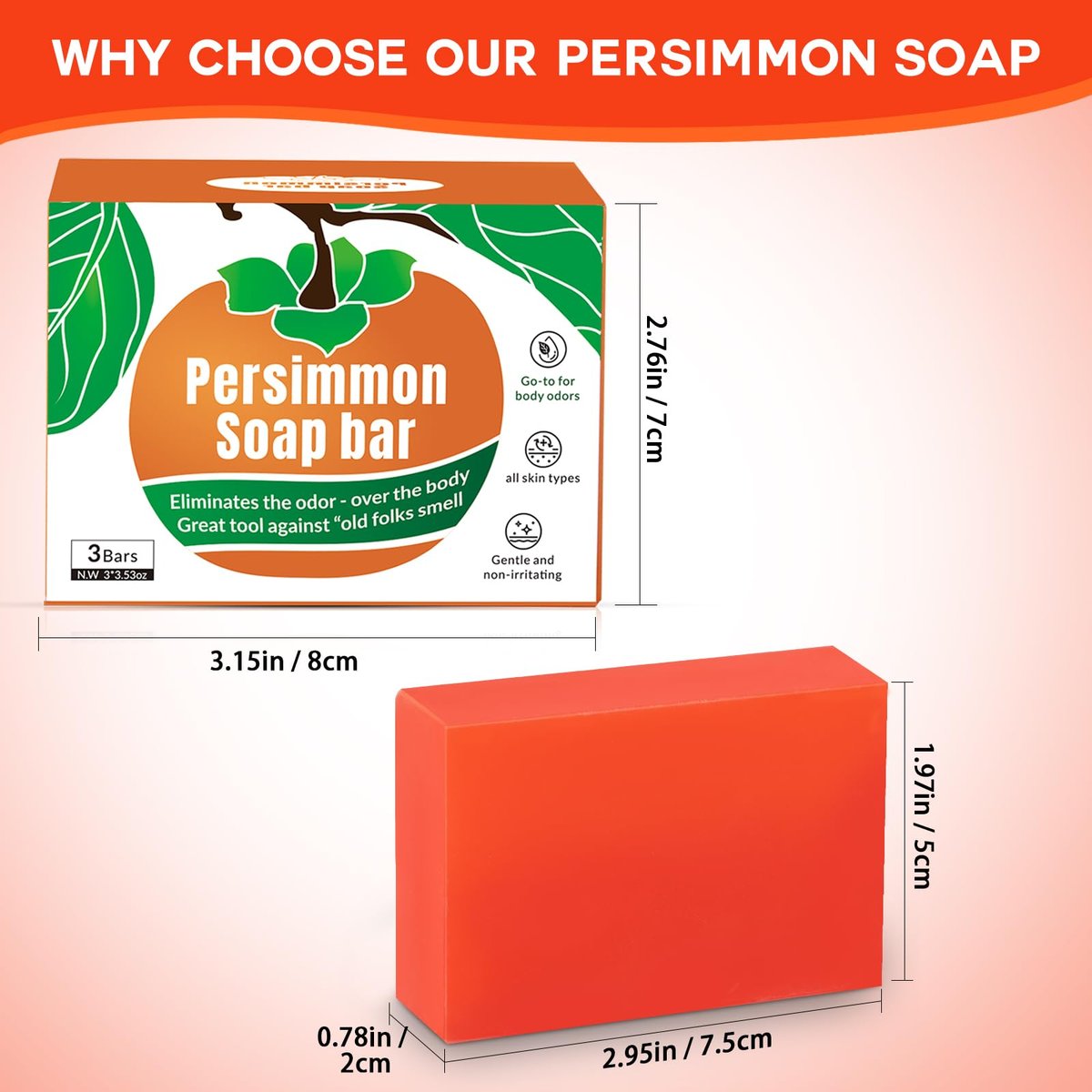Runsidan 3-Pack Persimmon Soap Bar for Body Odor Control - Natural Deodorizing Soap for Old People Smell, Deep Cleansing Body Bar - görsel 13