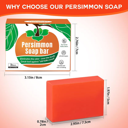 Runsidan 3-Pack Persimmon Soap Bar for Body Odor Control - Natural Deodorizing Soap for Old People Smell, Deep Cleansing Body Bar